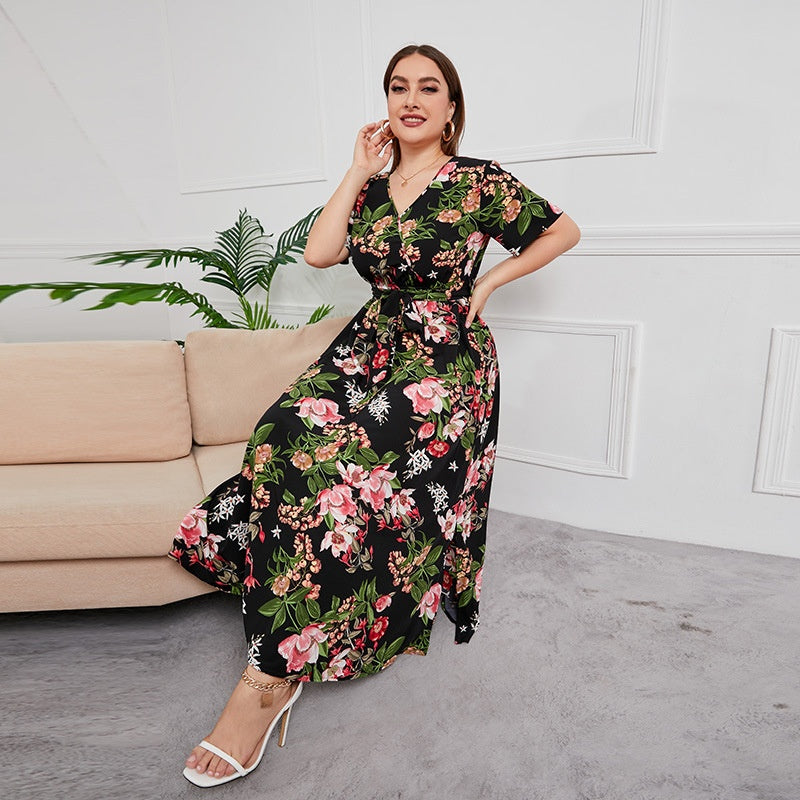 [S-5XL] 2024 Rochie nouă cu talie înaltă în stil vestic cu decolteu în V lungime medie, plus dimensiune temperament imprimat rochie sexy în stil western