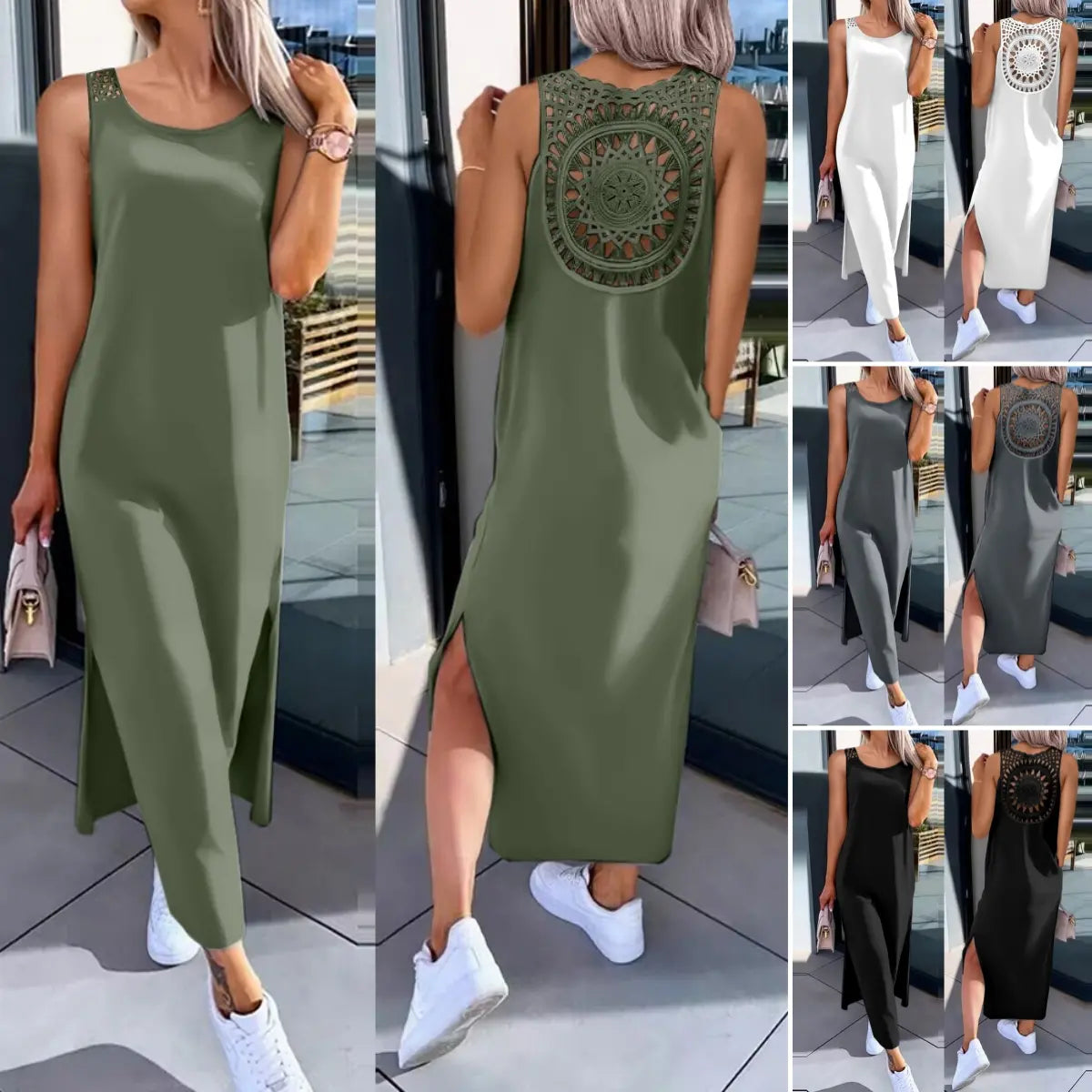 ❣️【De vânzare】😍Rochie de vară cu fante laterale, fără mâneci, din dantelă