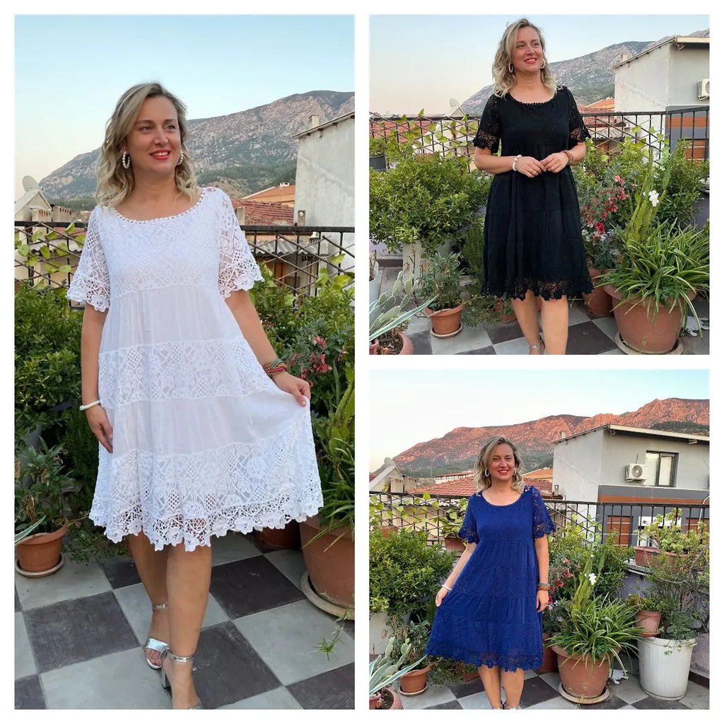 🔥【Cumpărați 1, primiți 1 gratuit】✨✨【S-5XL】Rochie tricou nouă cu mânecă scurtă, cu gât rotund, din dantelă