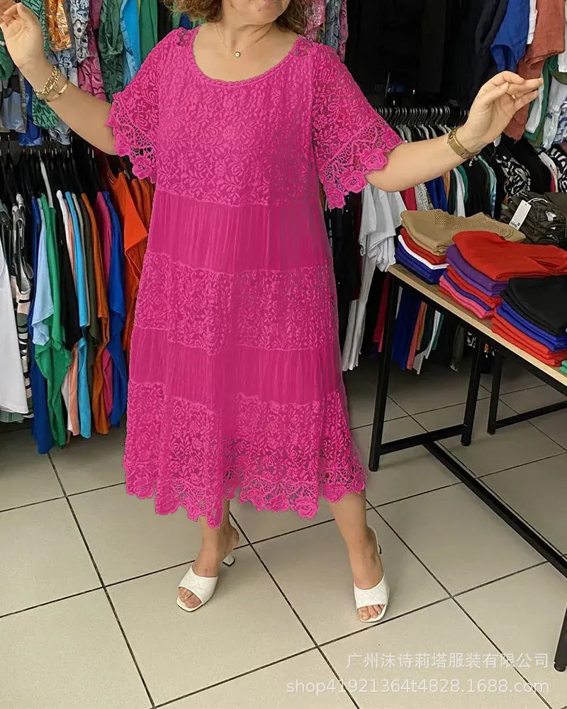 🔥【Cumpărați 1, primiți 1 gratuit】✨✨【S-5XL】Rochie tricou nouă cu mânecă scurtă, cu gât rotund, din dantelă