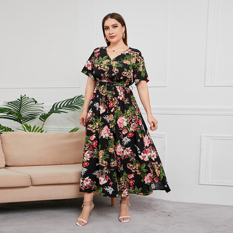 [S-5XL] 2024 Rochie nouă cu talie înaltă în stil vestic cu decolteu în V lungime medie, plus dimensiune temperament imprimat rochie sexy în stil western