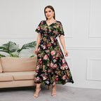 [S-5XL] 2024 Rochie nouă cu talie înaltă în stil vestic cu decolteu în V lungime medie, plus dimensiune temperament imprimat rochie sexy în stil western