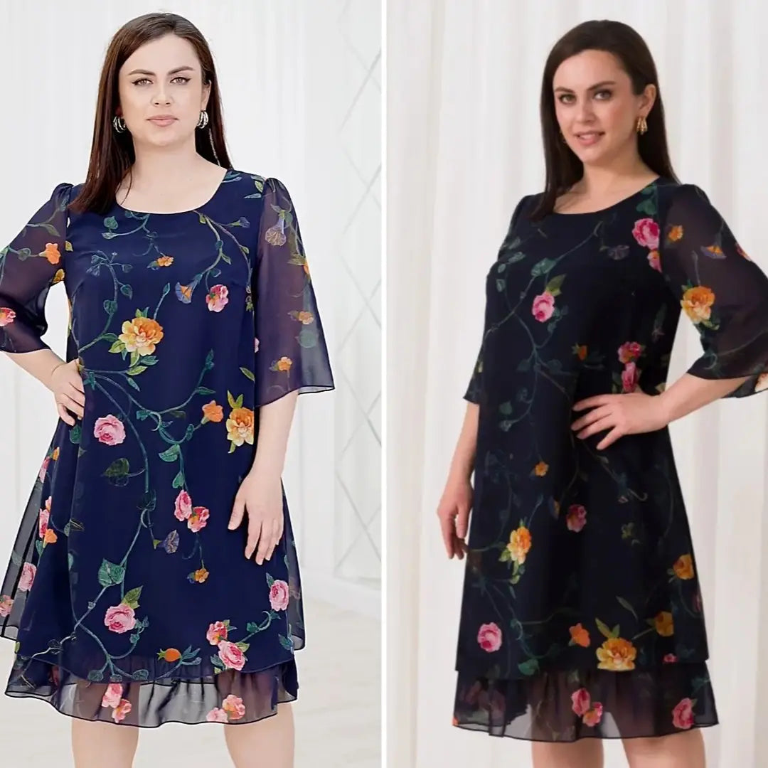 💥【Cumpărați 1 și primiți 1 gratuit】💕【S-5XL】👗Rochie elegantă cu imprimeu din plasă și mâneci cu volan