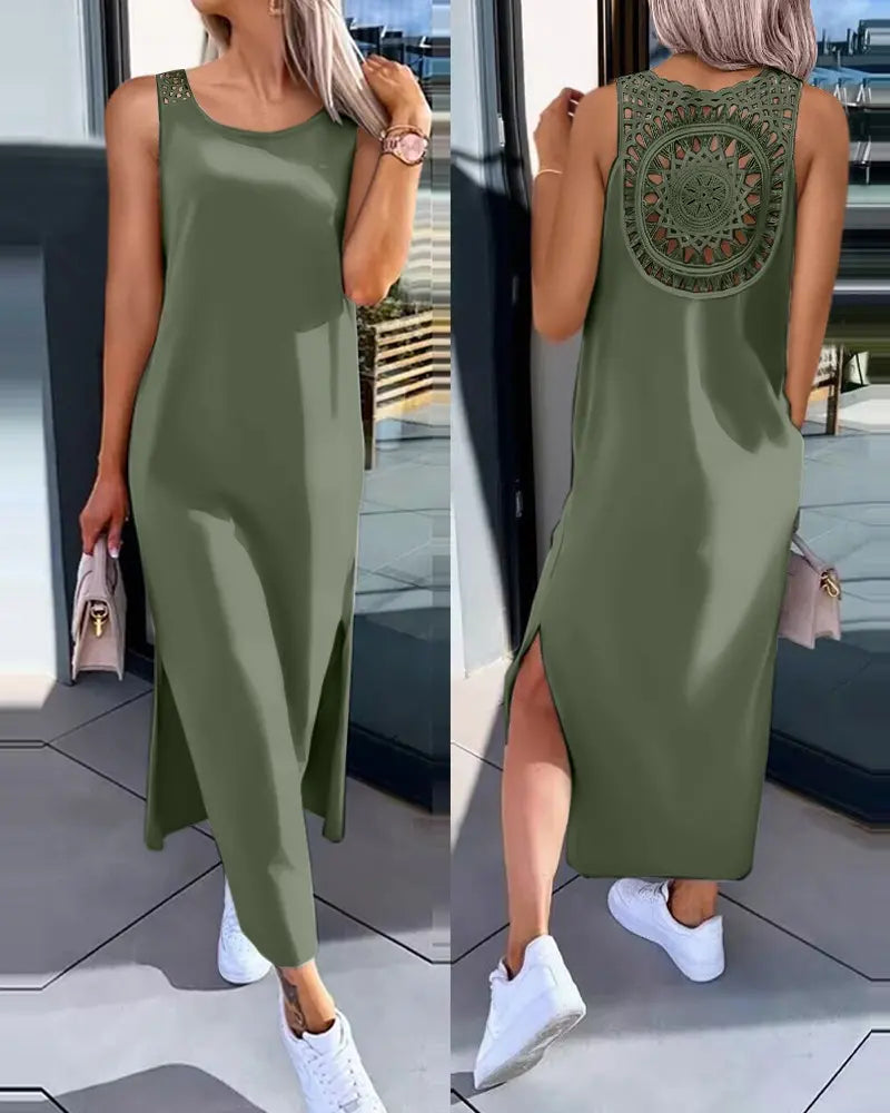 ❣️【De vânzare】😍Rochie de vară cu fante laterale, fără mâneci, din dantelă