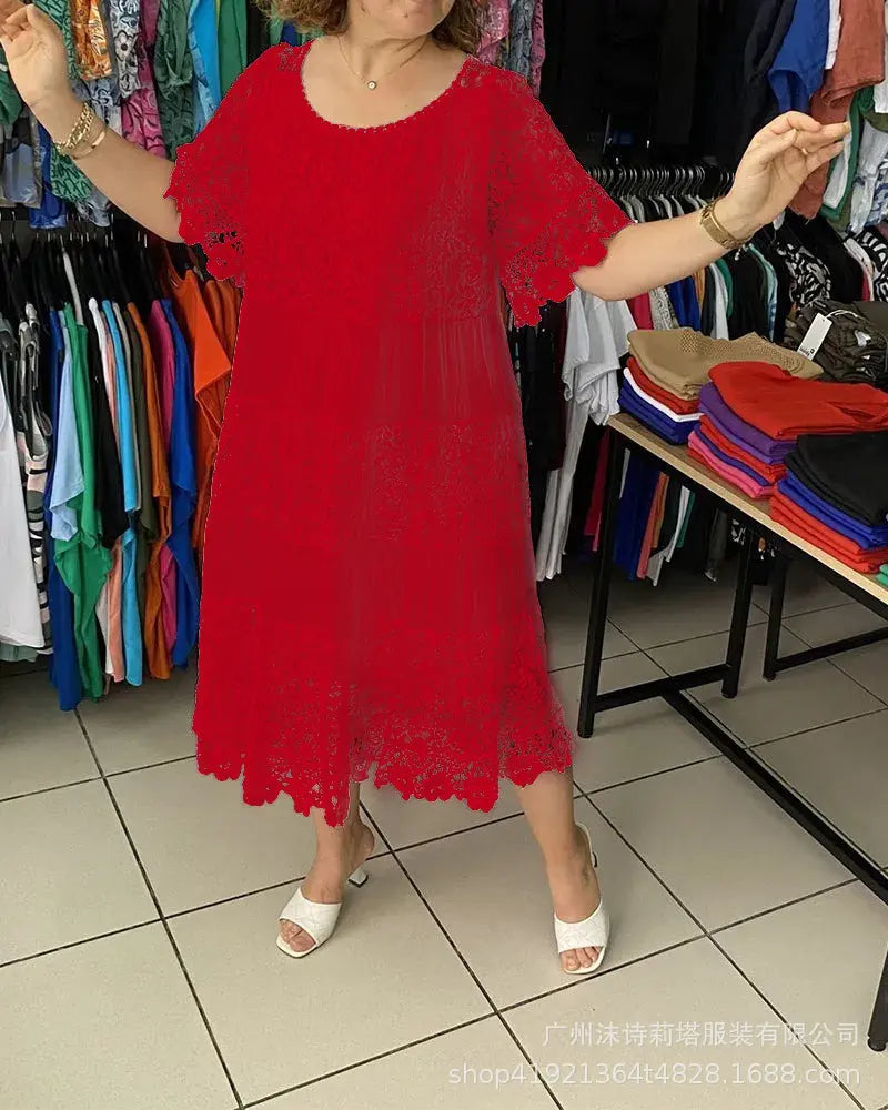 🔥【Cumpărați 1, primiți 1 gratuit】✨✨【S-5XL】Rochie tricou nouă cu mânecă scurtă, cu gât rotund, din dantelă