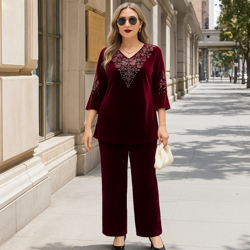 💞Set top și pantaloni din catifea cu strasuri pentru femei