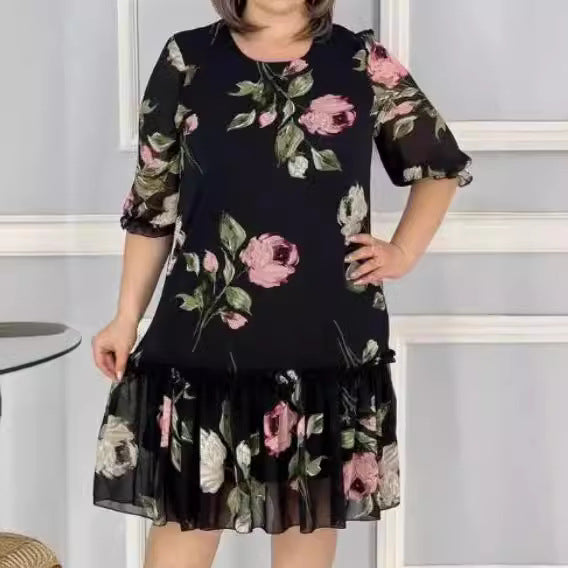 【S-5XL】2026 Rochie nouă grasă și supradimensionată cu cinci sferturi de mânecă patchwork din șifon