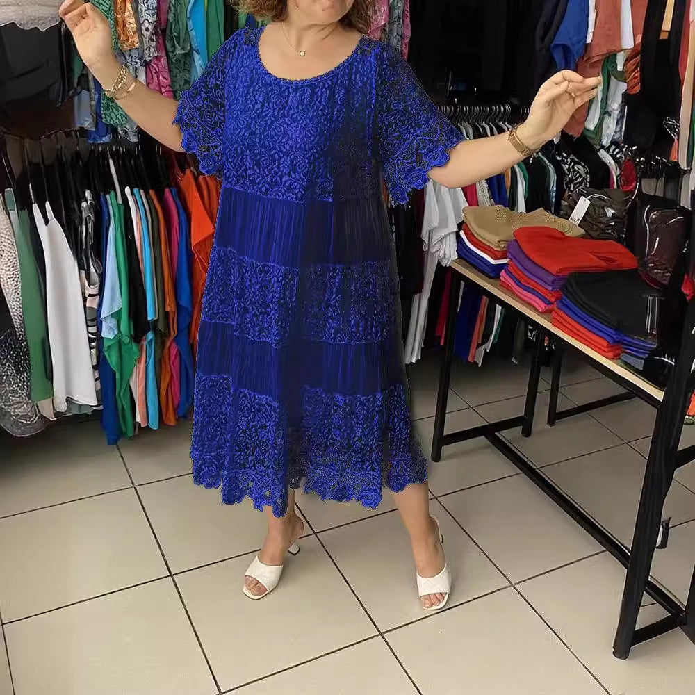 [XXS-5XL] Rochie nouă din dantelă cu mâneci scurte, cu decolteu rotund