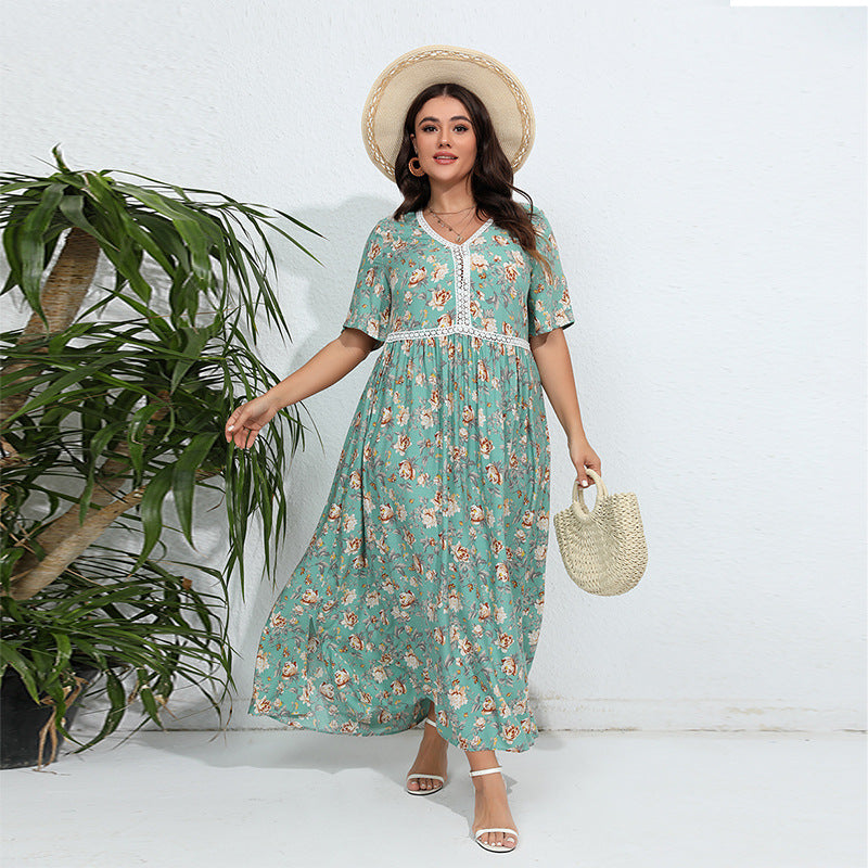 [XL-4XL] 2024 Rochie imprimată cu decolteu în V cu dantelă patchwork de culoare largă fustă lungă pentru vacanța pe plajă