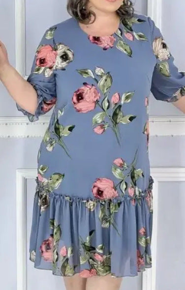 【S-5XL】2026 Rochie nouă grasă și supradimensionată cu cinci sferturi de mânecă patchwork din șifon