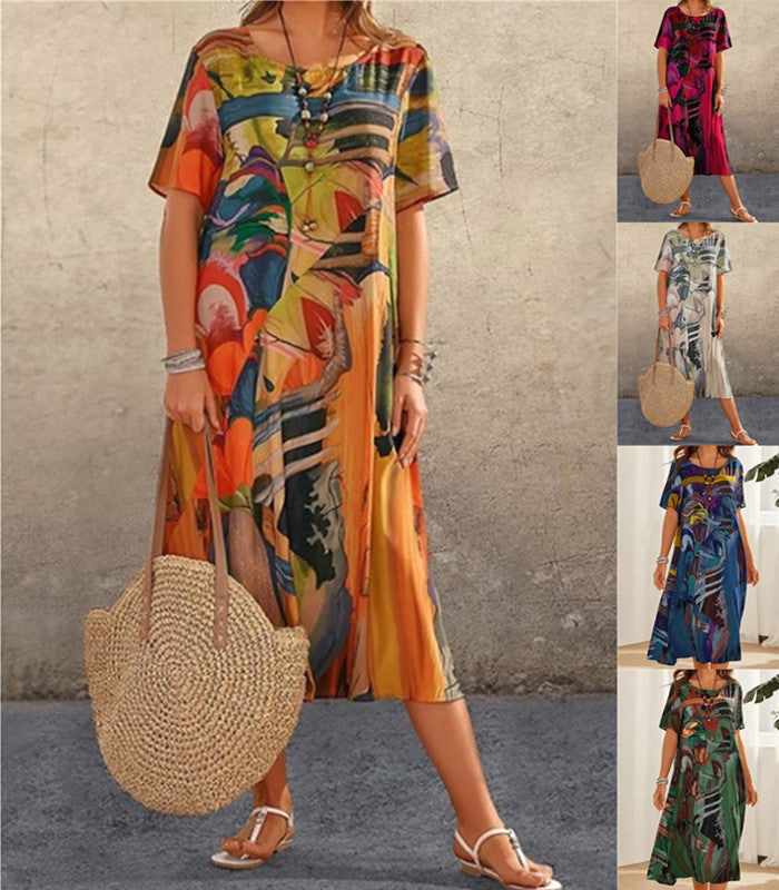 【S-5XL】2024 Rochie lejeră imprimată, talie de vară cu mâneci scurte, gât rotund, rochie lungă de plajă