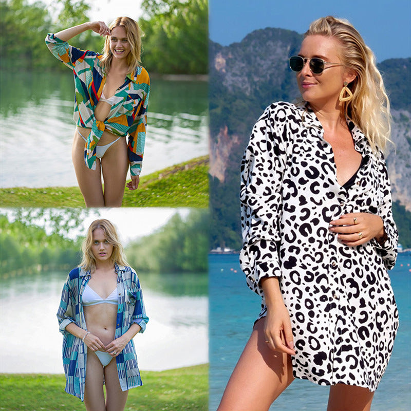 [Free Size]-2024- Noua cămașă cu imprimeu din bumbac leopard punct de plajă fustă de vacanță costum de protecție solară bikini acoperire costum de baie femei