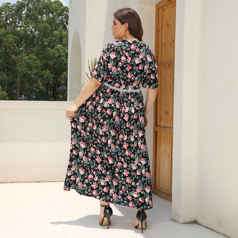 [XL-4XL] 2024 Rochie imprimată cu decolteu în V cu dantelă patchwork de culoare largă fustă lungă pentru vacanța pe plajă