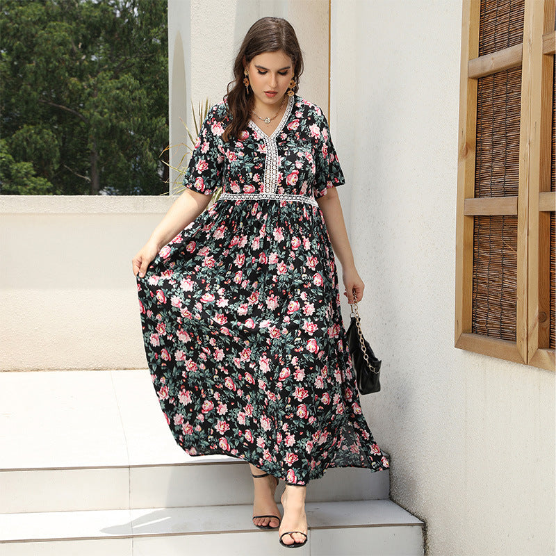 [XL-4XL] 2024 Rochie imprimată cu decolteu în V cu dantelă patchwork de culoare largă fustă lungă pentru vacanța pe plajă