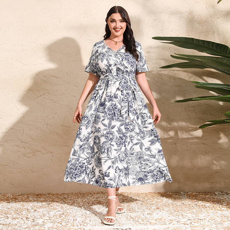 [S-5XL] 2024 Rochie nouă cu talie înaltă în stil vestic cu decolteu în V lungime medie, plus dimensiune temperament imprimat rochie sexy în stil western