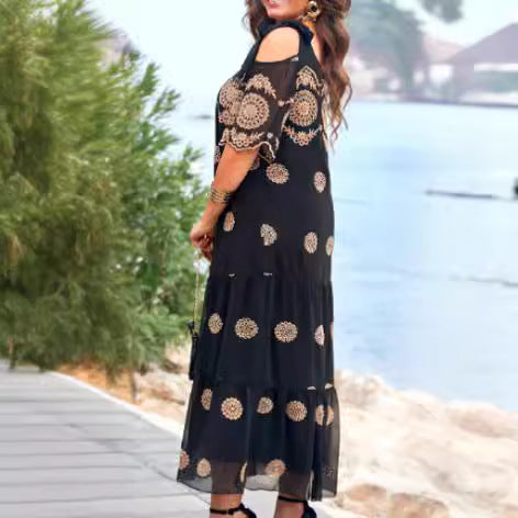 【S-5XL】2024 Moda de vară rochie nouă cu mâneci scurte până la genunchi, fustă lungă imprimată