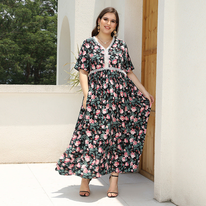 [XL-4XL] 2024 Rochie imprimată cu decolteu în V cu dantelă patchwork de culoare largă fustă lungă pentru vacanța pe plajă