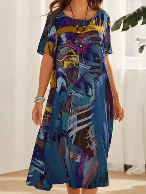 【S-5XL】2024 Rochie lejeră imprimată, talie de vară cu mâneci scurte, gât rotund, rochie lungă de plajă