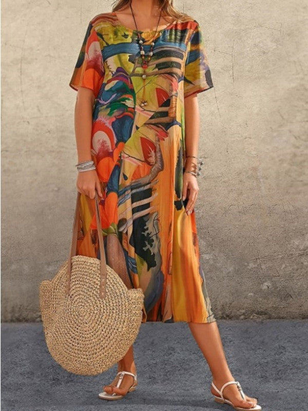 【S-5XL】2024 Rochie lejeră imprimată, talie de vară cu mâneci scurte, gât rotund, rochie lungă de plajă