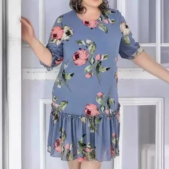 【S-5XL】2026 Rochie nouă grasă și supradimensionată cu cinci sferturi de mânecă patchwork din șifon