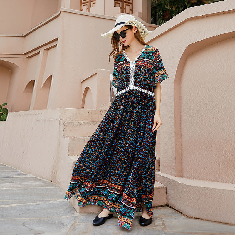 [XL-4XL] 2024 Rochie imprimată cu decolteu în V cu dantelă patchwork de culoare largă fustă lungă pentru vacanța pe plajă