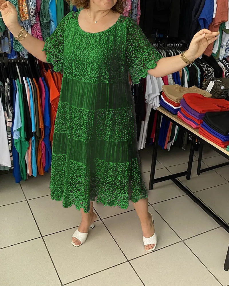 [XXS-5XL] Rochie nouă din dantelă cu mâneci scurte, cu decolteu rotund