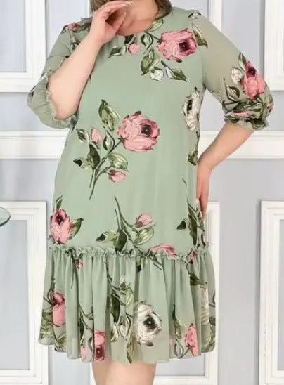 【S-5XL】2026 Rochie nouă grasă și supradimensionată cu cinci sferturi de mânecă patchwork din șifon