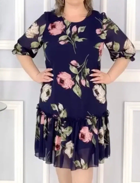 【S-5XL】2026 Rochie nouă grasă și supradimensionată cu cinci sferturi de mânecă patchwork din șifon