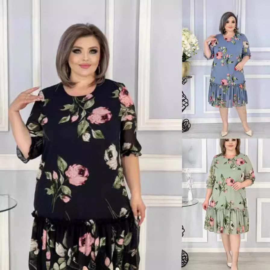 【S-5XL】2026 Rochie nouă grasă și supradimensionată cu cinci sferturi de mânecă patchwork din șifon