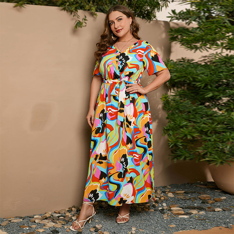 [S-5XL] 2024 Rochie nouă cu talie înaltă în stil vestic cu decolteu în V lungime medie, plus dimensiune temperament imprimat rochie sexy în stil western