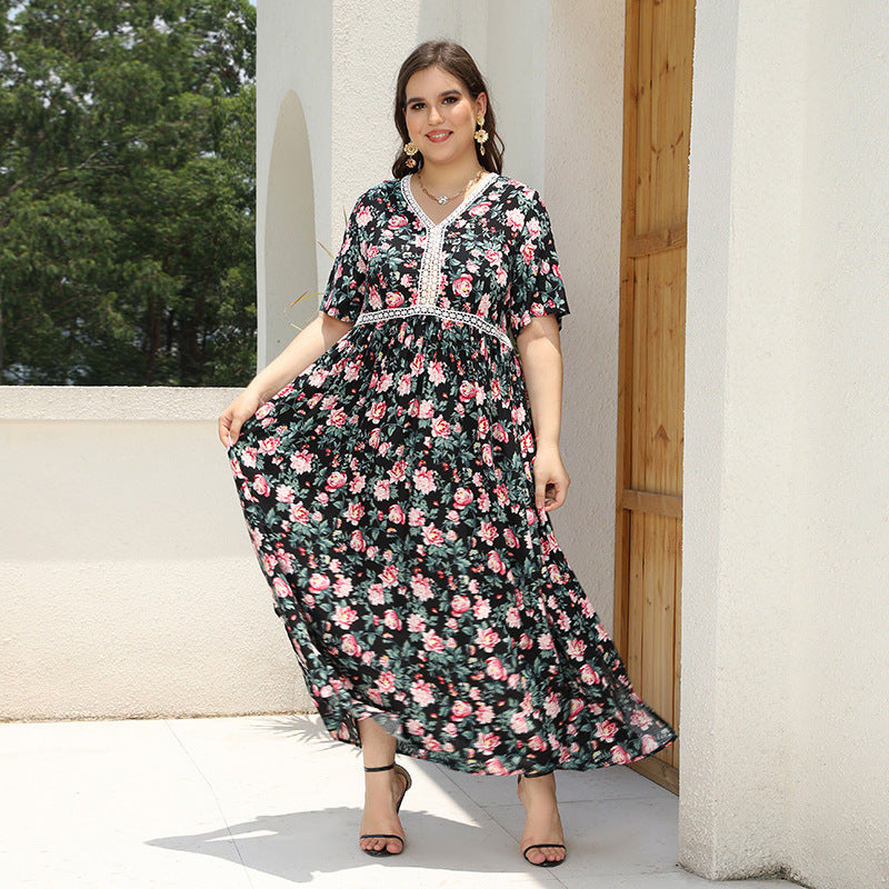 [XL-4XL] 2024 Rochie imprimată cu decolteu în V cu dantelă patchwork de culoare largă fustă lungă pentru vacanța pe plajă