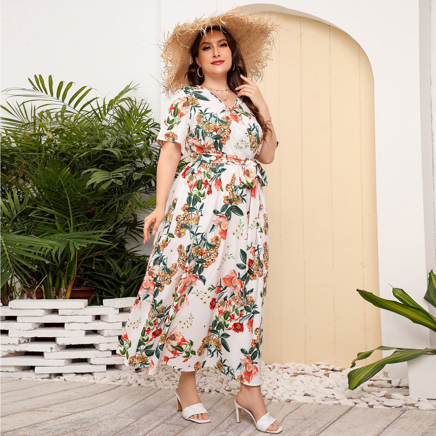 [S-5XL] 2024 Rochie nouă cu talie înaltă în stil vestic cu decolteu în V lungime medie, plus dimensiune temperament imprimat rochie sexy în stil western