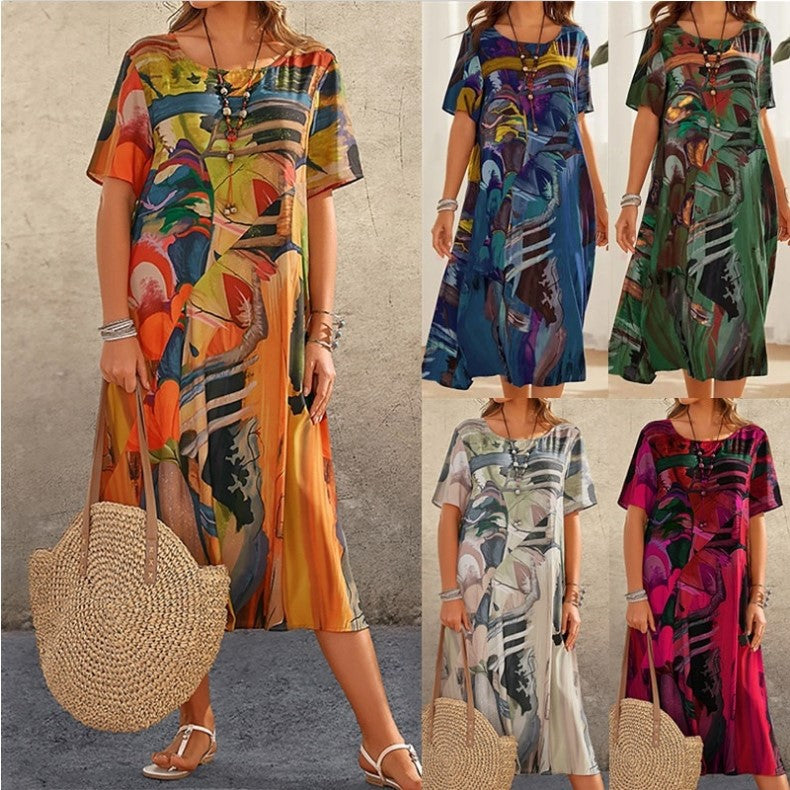 【S-5XL】2024 Rochie lejeră imprimată, talie de vară cu mâneci scurte, gât rotund, rochie lungă de plajă