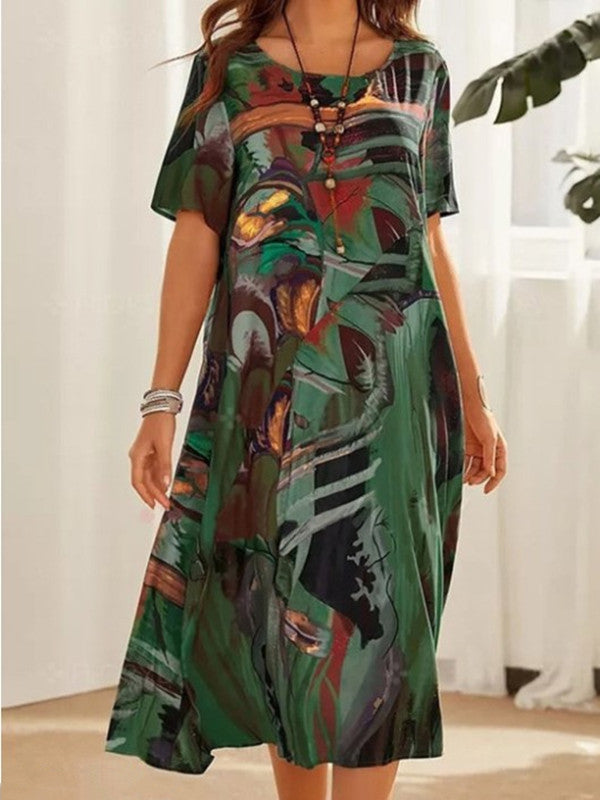 【S-5XL】2024 Rochie lejeră imprimată, talie de vară cu mâneci scurte, gât rotund, rochie lungă de plajă