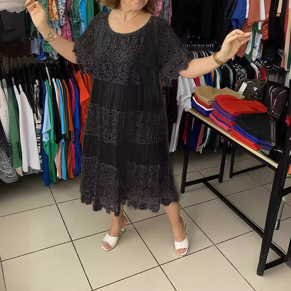 [XXS-5XL] Rochie nouă din dantelă cu mâneci scurte, cu decolteu rotund