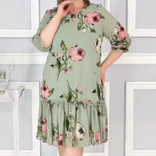 【S-5XL】2026 Rochie nouă grasă și supradimensionată cu cinci sferturi de mânecă patchwork din șifon