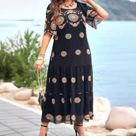 【S-5XL】2024 Moda de vară rochie nouă cu mâneci scurte până la genunchi, fustă lungă imprimată
