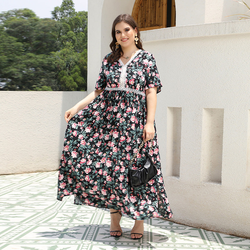 [XL-4XL] 2024 Rochie imprimată cu decolteu în V cu dantelă patchwork de culoare largă fustă lungă pentru vacanța pe plajă