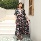 [XL-4XL] 2024 Rochie imprimată cu decolteu în V cu dantelă patchwork de culoare largă fustă lungă pentru vacanța pe plajă