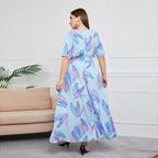 [S-5XL] 2024 Rochie nouă cu talie înaltă în stil vestic cu decolteu în V lungime medie, plus dimensiune temperament imprimat rochie sexy în stil western