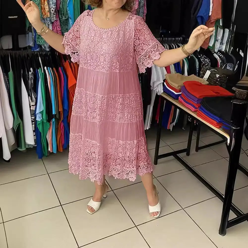 🔥【Cumpărați 1, primiți 1 gratuit】✨✨【S-5XL】Rochie tricou nouă cu mânecă scurtă, cu gât rotund, din dantelă