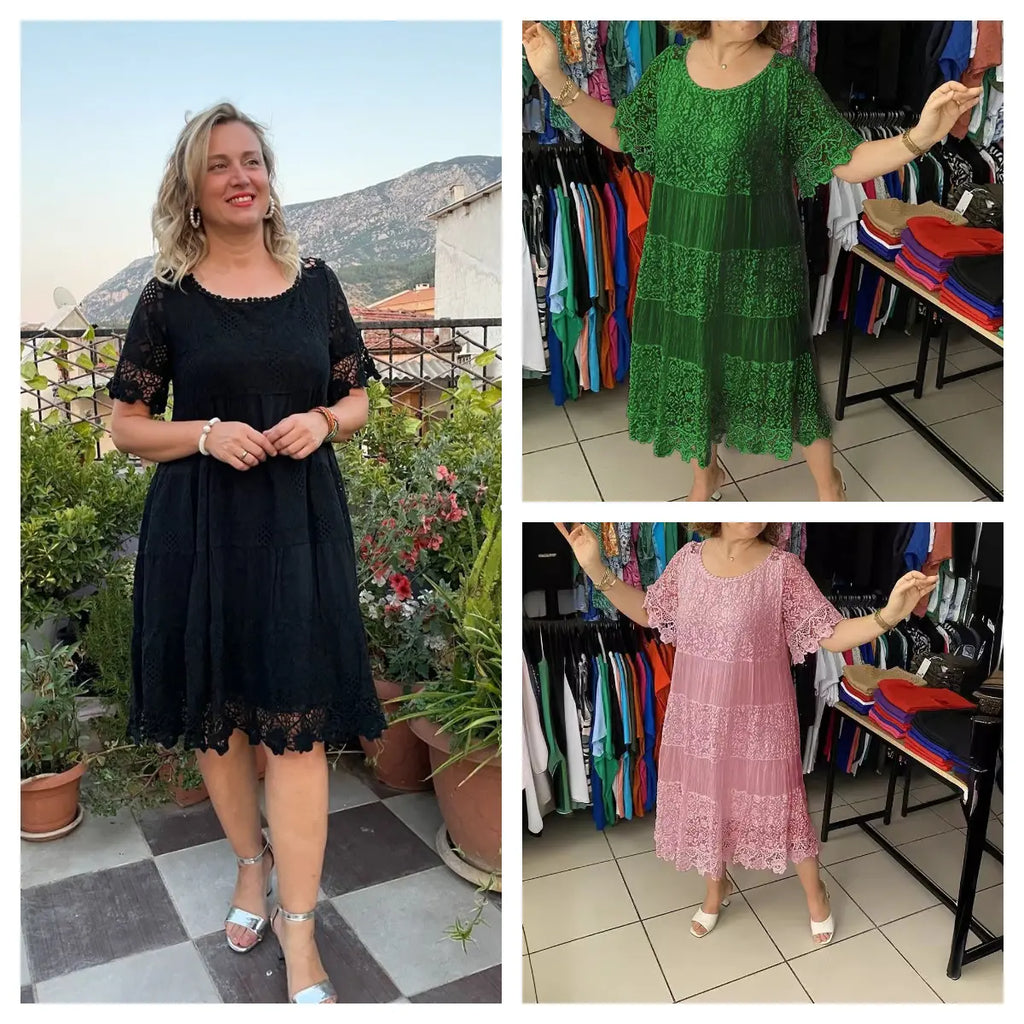 🔥【Cumpărați 1, primiți 1 gratuit】✨✨【S-5XL】Rochie tricou nouă cu mânecă scurtă, cu gât rotund, din dantelă
