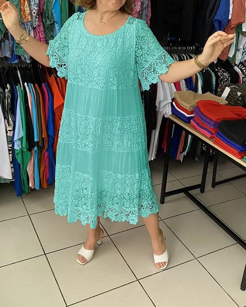 🔥【Cumpărați 1, primiți 1 gratuit】✨✨【S-5XL】Rochie tricou nouă cu mânecă scurtă, cu gât rotund, din dantelă