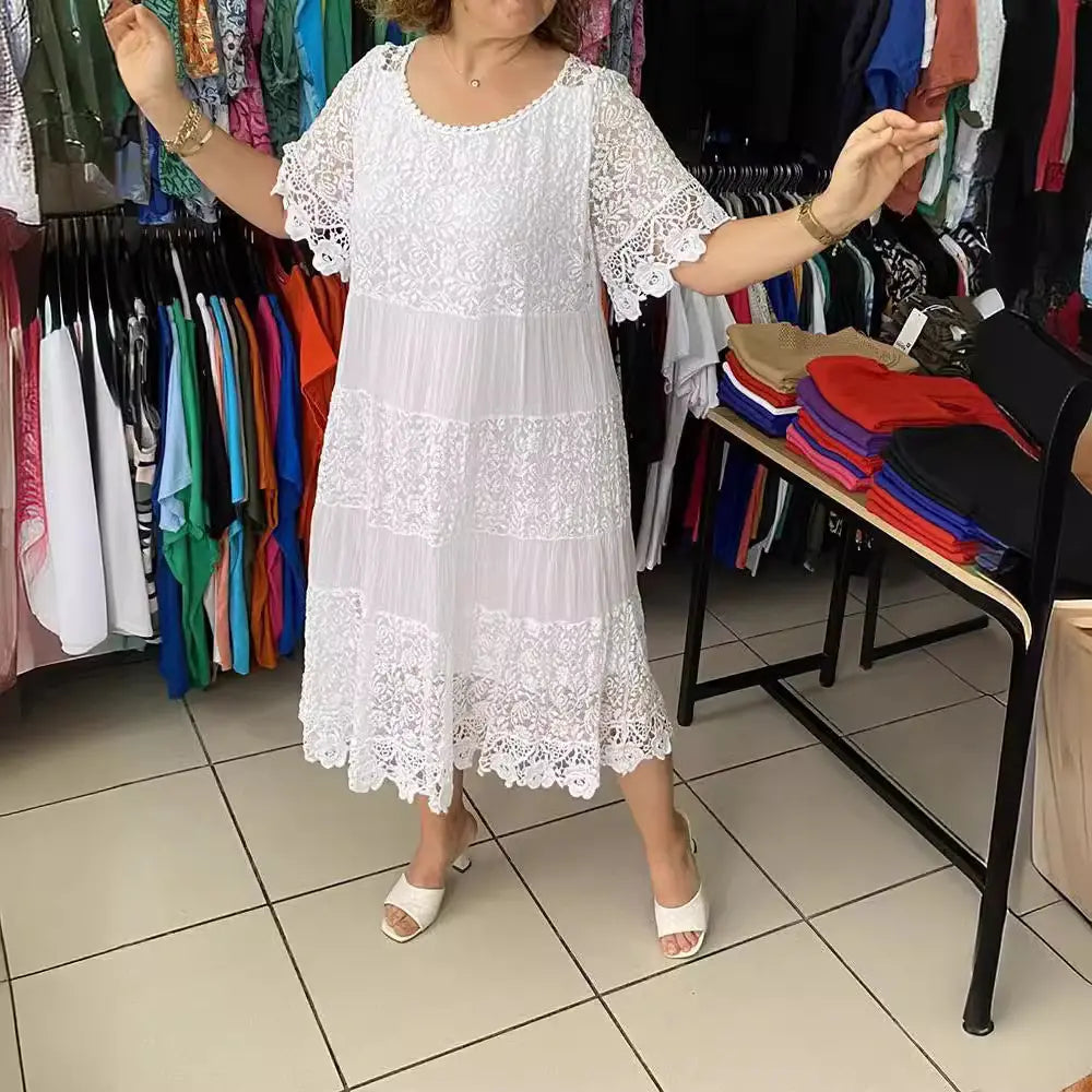 🔥【Cumpărați 1, primiți 1 gratuit】✨✨【S-5XL】Rochie tricou nouă cu mânecă scurtă, cu gât rotund, din dantelă