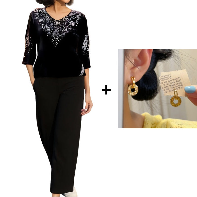 💞Set top și pantaloni din catifea cu strasuri pentru femei