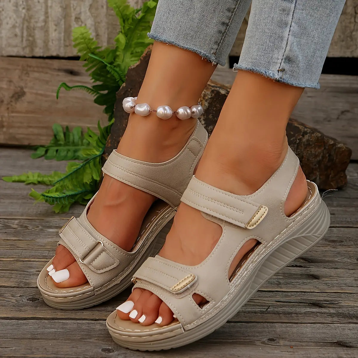 🌟【36-43】Sandale cu pană cu vârf deschis pentru femei Comfy Chic - Curea de fixare cu cârlig și buclă,（Husă falsă, îmbrăcăminte pentru toate anotimpurile）