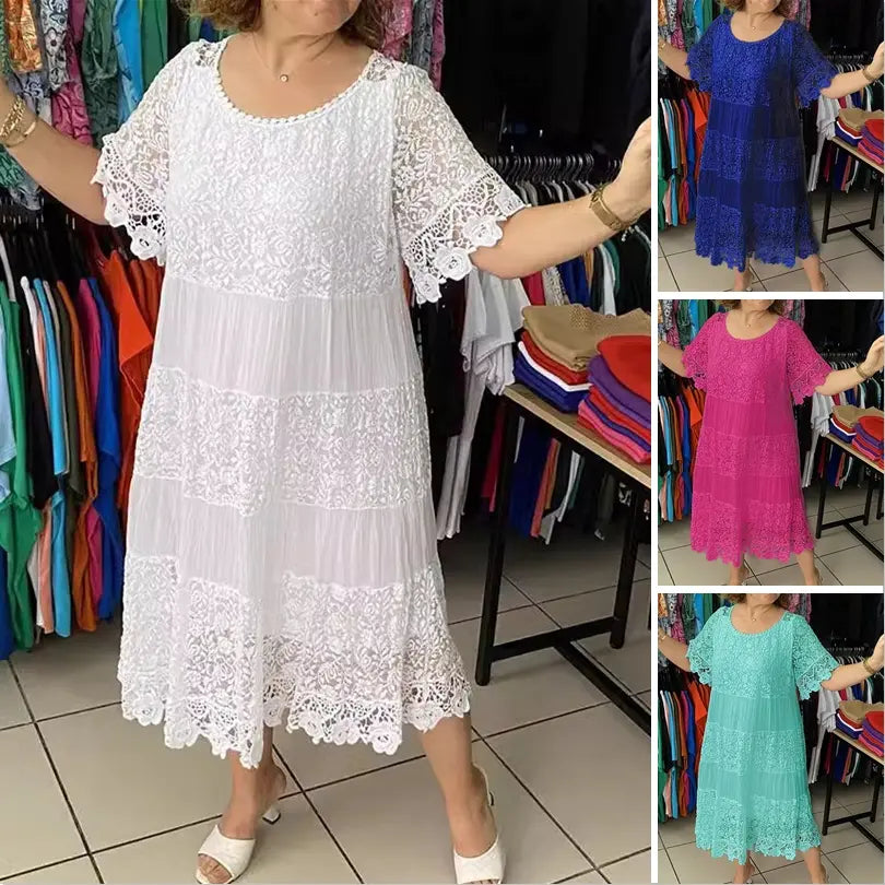 🔥【Cumpărați 1, primiți 1 gratuit】✨✨【S-5XL】Rochie tricou nouă cu mânecă scurtă, cu gât rotund, din dantelă